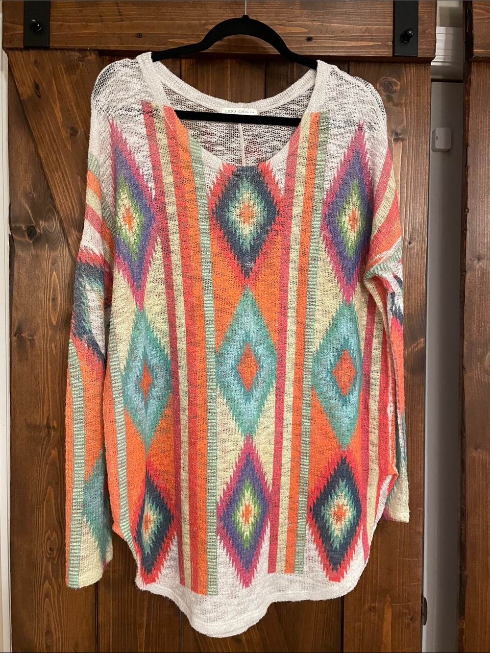 Boho Diamond-Print Scoop Neck Sweater - White/Cream Multi